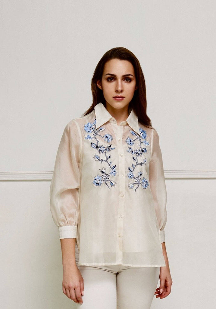 classic white shirt with ocean blue hand embroidery