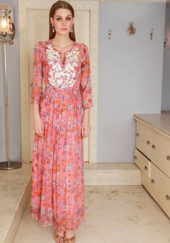 pink floral hand embroidered silk chiffon maxi