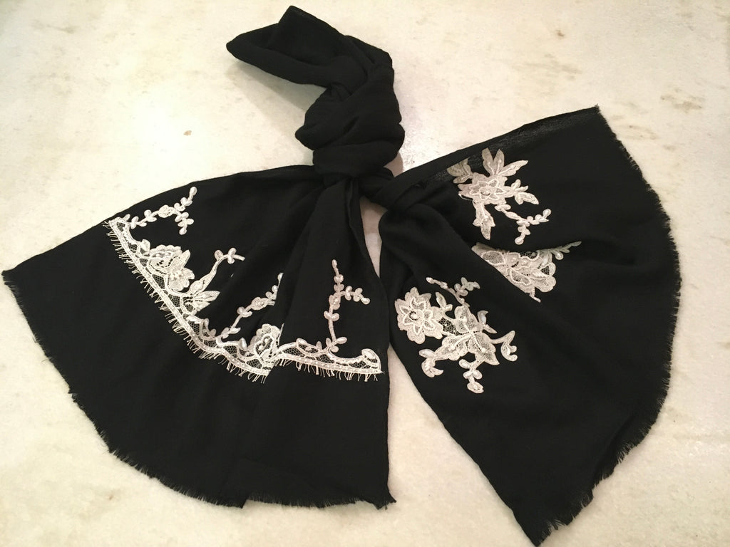 French lace hand embroidered wool scarf