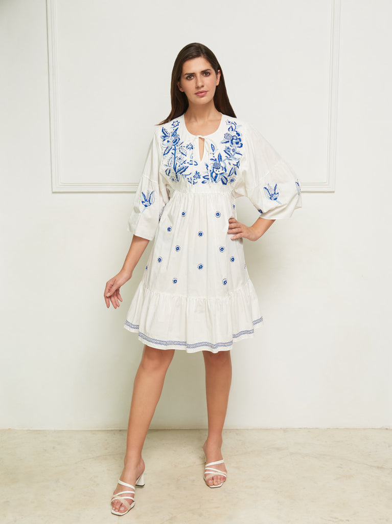 blue and white hand embroidered dress
