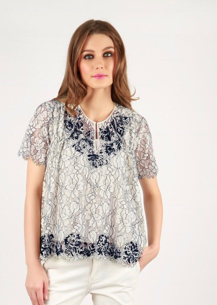 off white and black French lace blouse