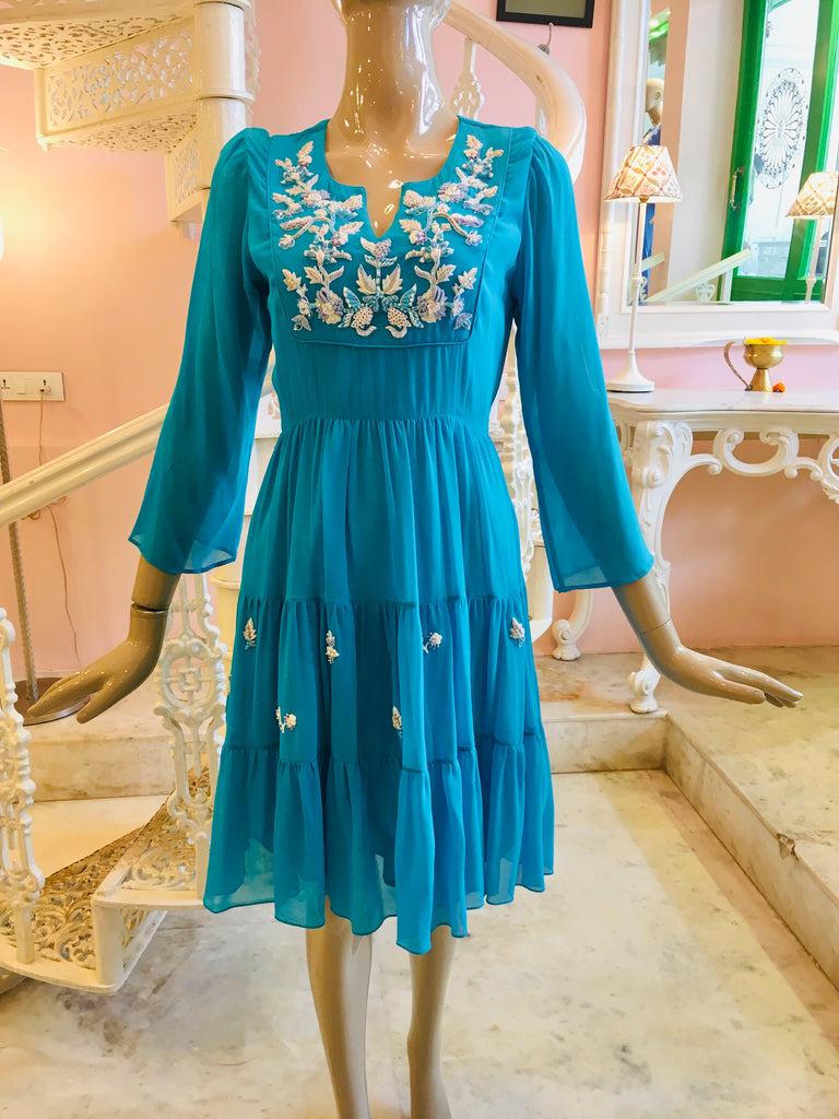 turquoise blue silk chiffon dress 