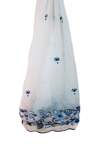 White chiffon scalloped floral scarf