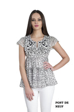 Load image into Gallery viewer, Biarritz silk chiffon top with black and white French lace