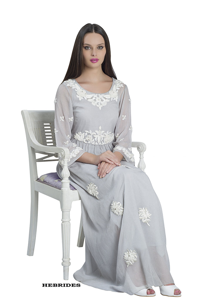 dove grey silk chiffon floral dress