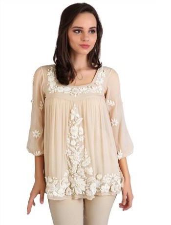 boho beige silk chiffon floral blouse
