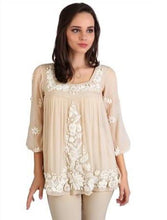 Load image into Gallery viewer, boho beige silk chiffon floral blouse