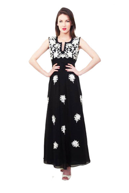 Black silk georgette floral dress