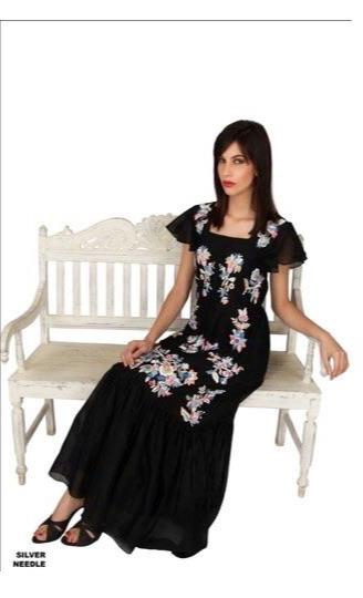 black chiffon maxi with Square neckline, ruffle hem