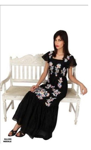 black chiffon maxi with Square neckline, ruffle hem