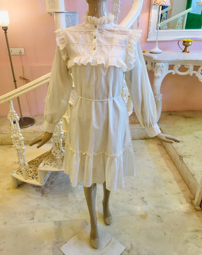 cotton dress with lace ruffled collar and hem