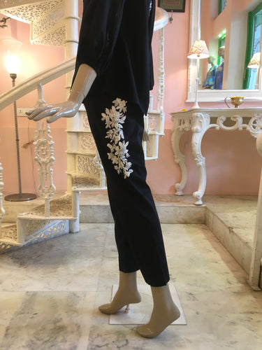 hand embroidery on black cotton pants