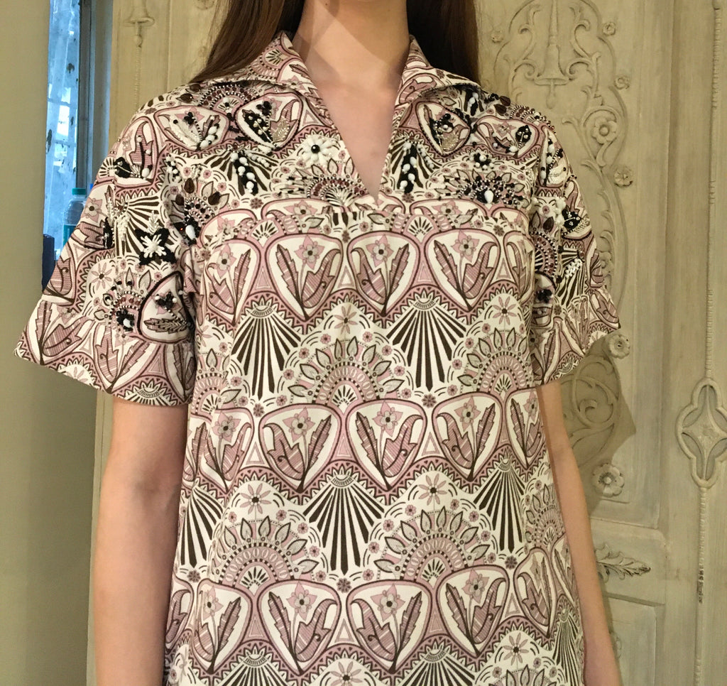 Leaves of Grass, New York Fabiane Liberty print short sleeve dress, can be done with long sleeves.