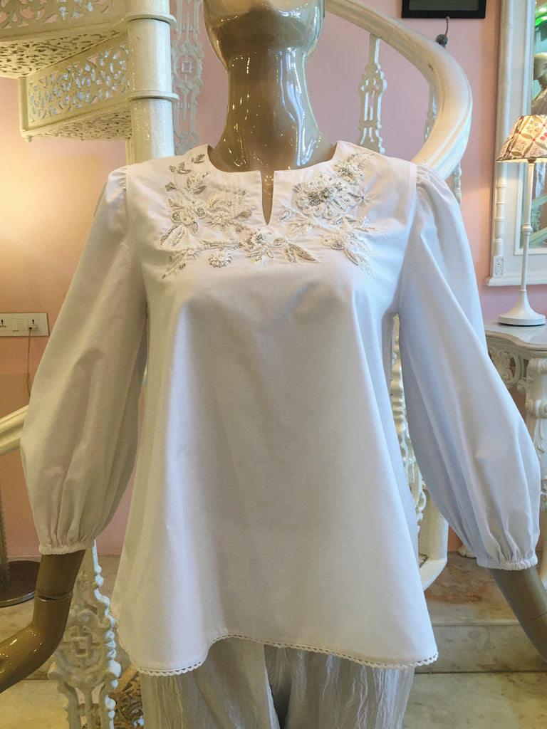 white hand embroidery cotton blouse
