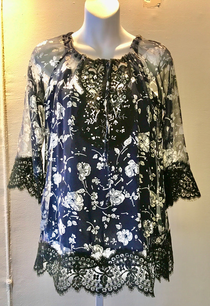 printed chiffon navy floral blouse