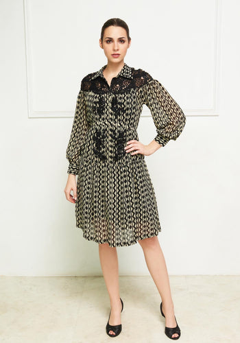 French lace, silk chiffon, graphic printed tonal dress