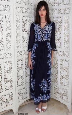 Hand embroidered silk chiffon Maxi