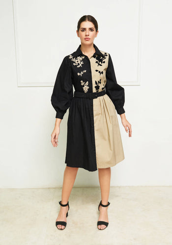 cotton dress in beige and black