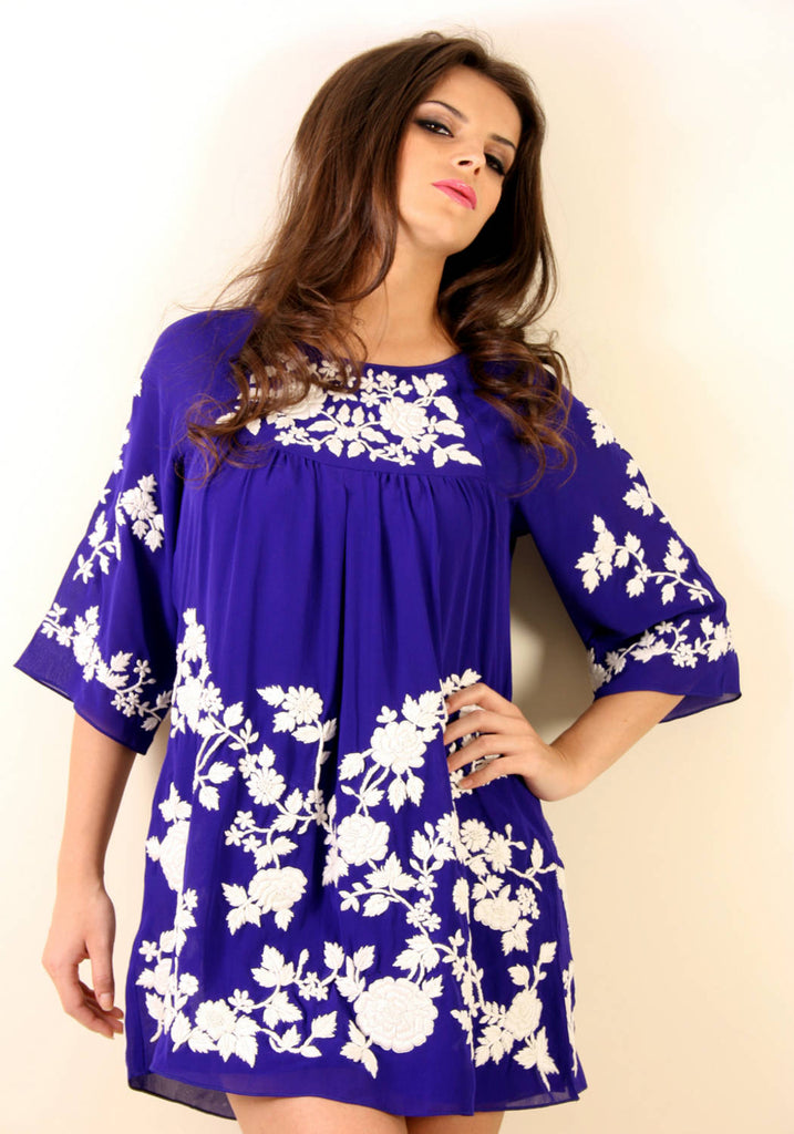 purple silk dress with white hand embroidery